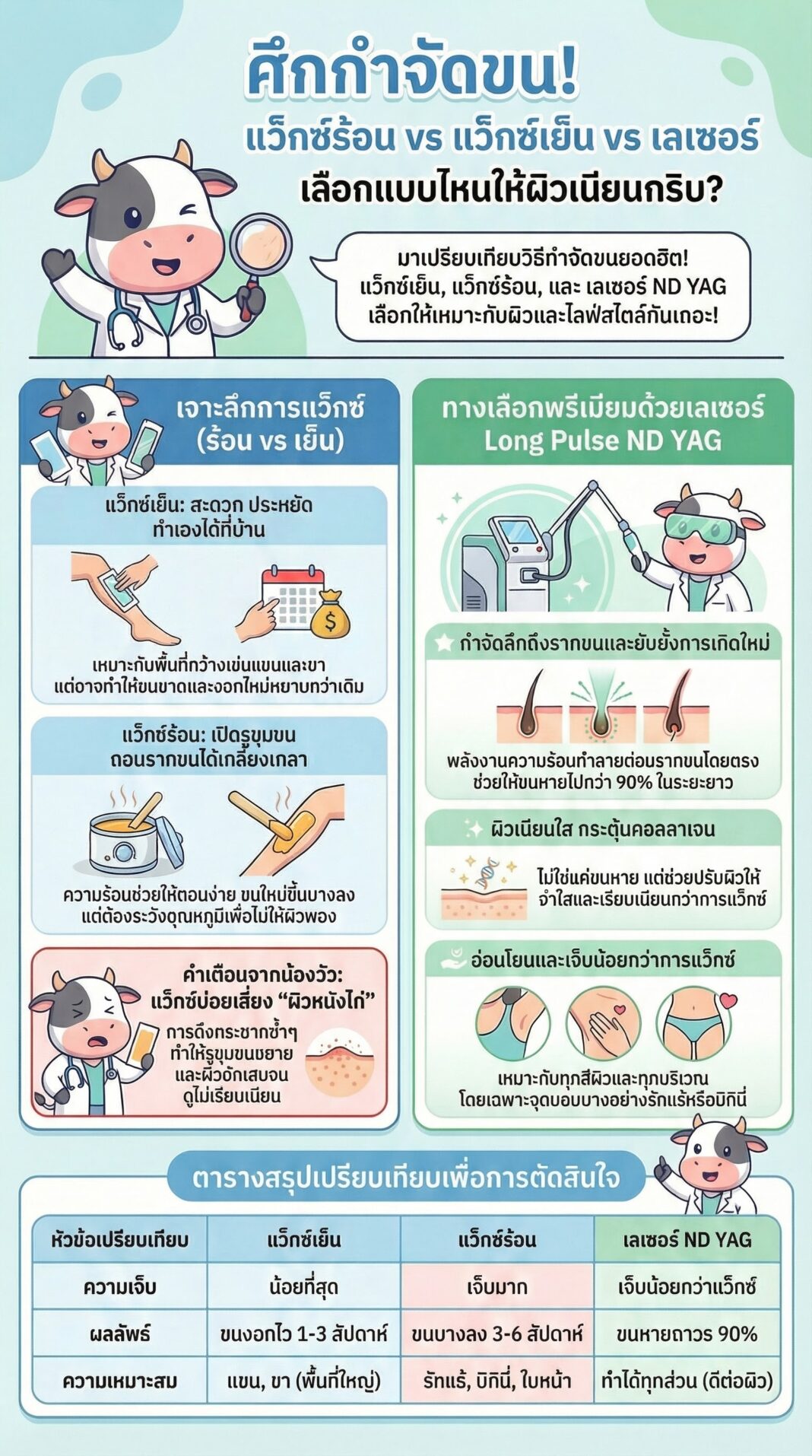 ศึกกำจัดขน! แว็กซ์ร้อน vs แว็กซ์เย็น vs เลเซอร์ ND YAG เลือกแบบไหนให้ผิวเนียนกริบ? | คอกสุขภาพ